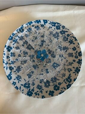 Garden Flower Glass Art Blue Floral Crystal Scalloped Center Plate Floral Accent
